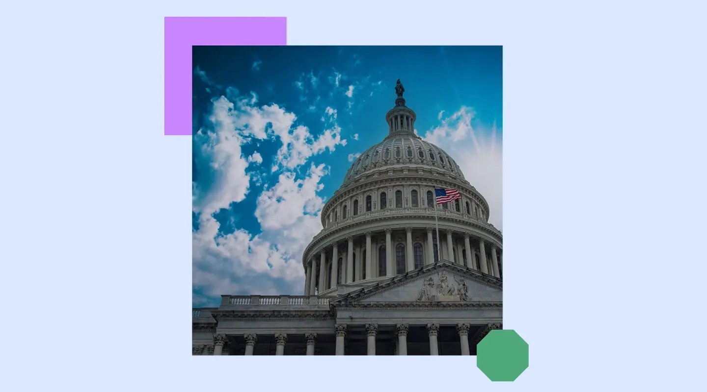 Photo of the U.S. Capitol building under a blue sky with clouds, surrounded by graphical shapes.