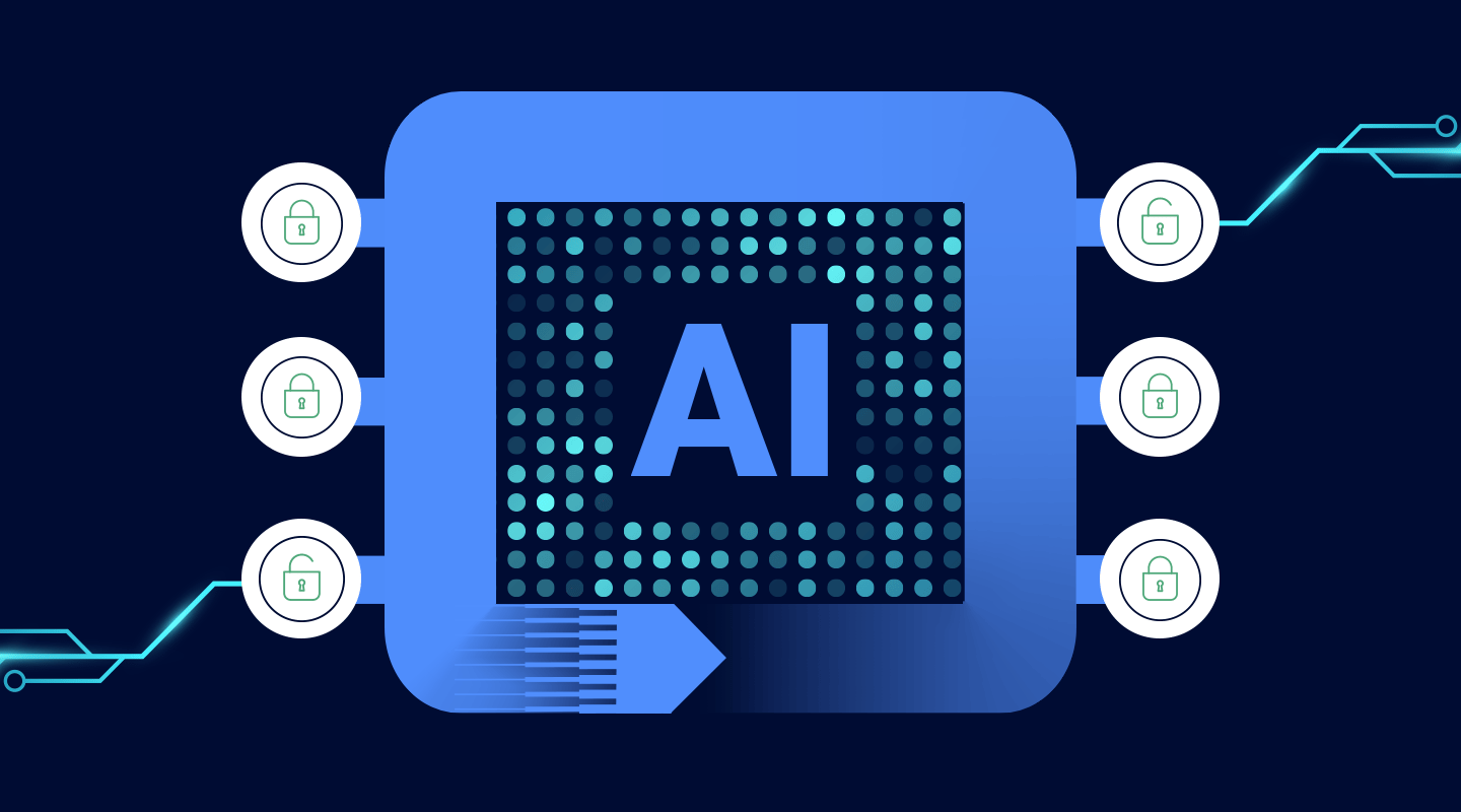 AI cybersecurity illustration with padlock icons representing data security and a cyber breacj