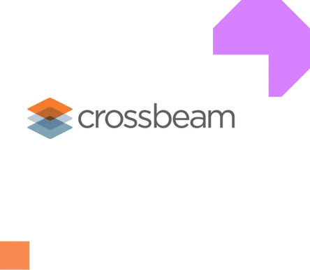 Crossbeam logo on white background surrounded by purple and orange geometric shapes