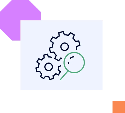 Gears and magnifying glass icon representing testing changes