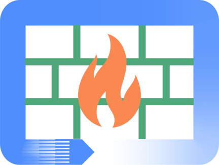 Firewall security icon with a flame over a brick wall