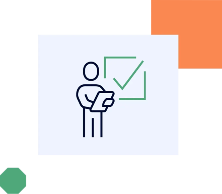 Graphic illustration of a person holding a clipboard next to a green check mark, representing regular firewall audits