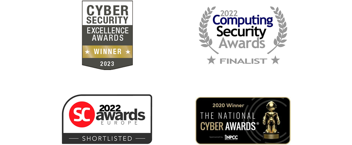 A selection of icons from Titania's most recent awards such as Cyber Security Excellence Award Winner 2023, 2022 Computing Security Awards, 2022 SC awards Europe and The National Cyber Awards 2020