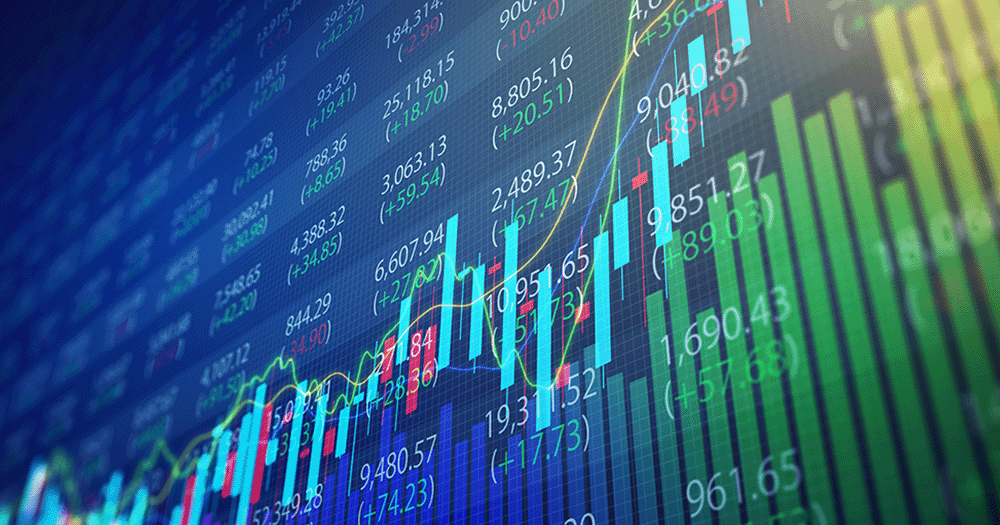 Close up of financial trends report, showing combo chart overlayed onto  positive and negative statistical figures.