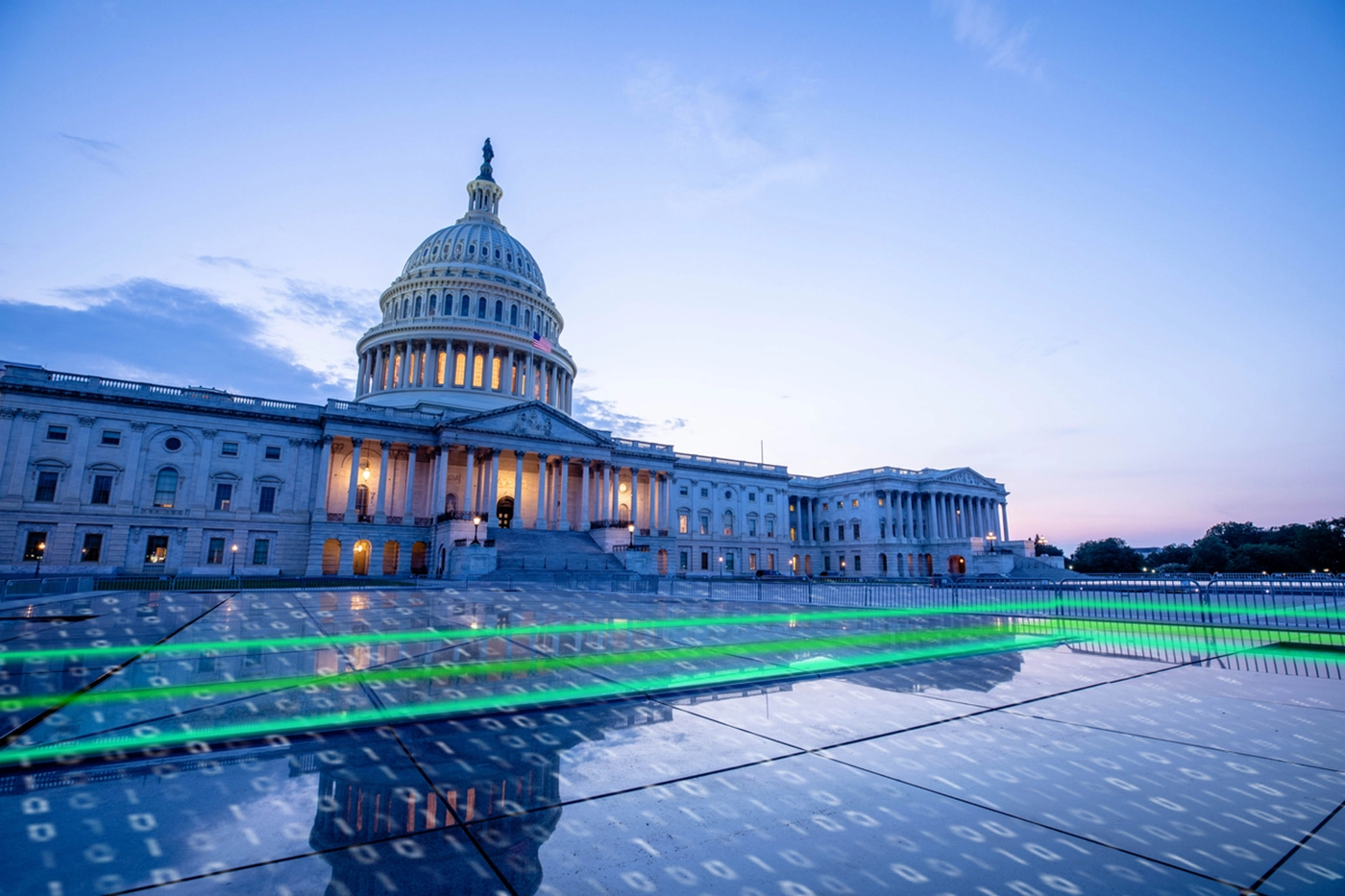 US Capitol Building lit up with cryptography design overlayed.