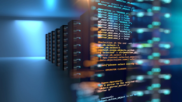 Network security concept showing servers and close up of command script remediating risks.